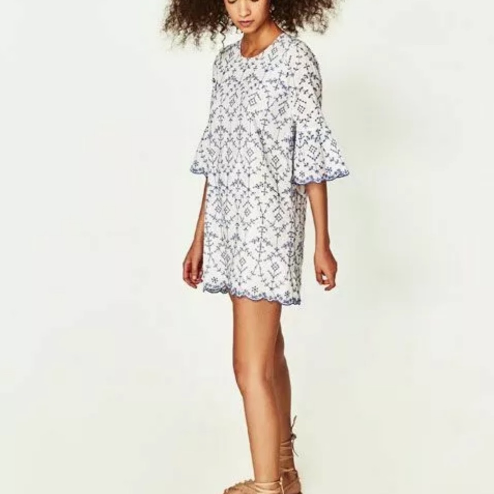 Zara Blue and White Eyelet Mini Dress